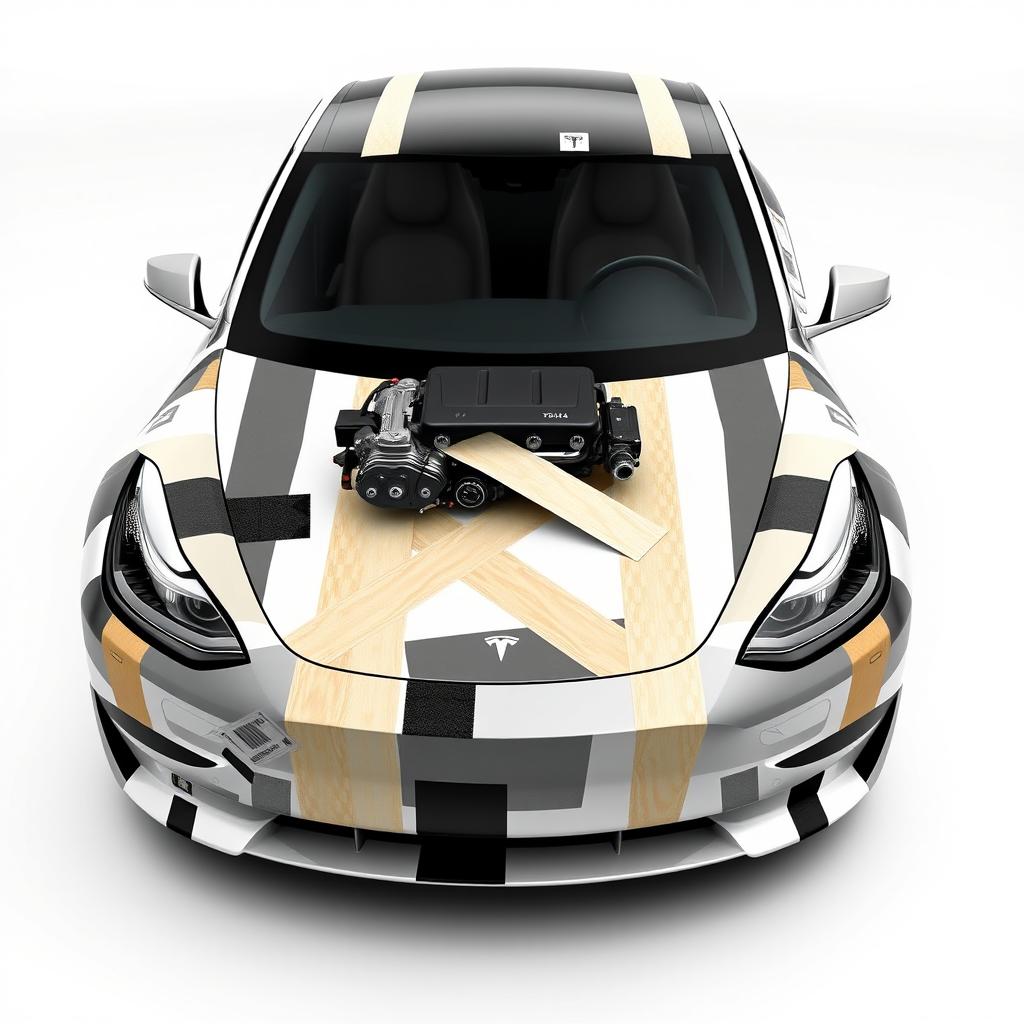 A 2D printable design for a Tesla Model 3 Performance car, featuring a unique wrap using various colors of realistic masking tape