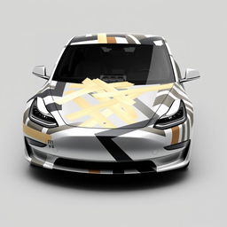 A 2D printable design for a Tesla Model 3 Performance car, featuring a unique wrap using various colors of realistic masking tape