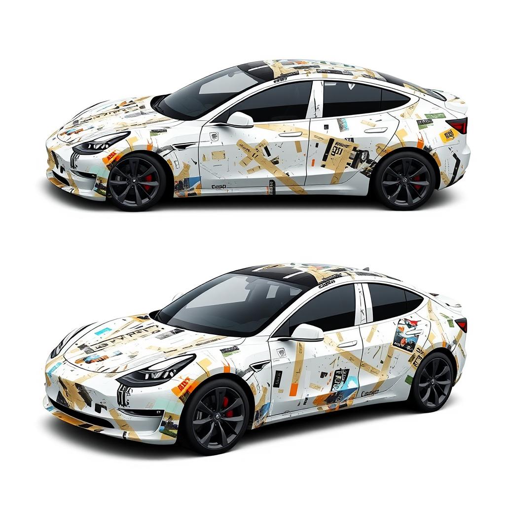 A 2D wrap design concept for a Tesla Model 3 Performance, creatively featuring an intricate masking tape design