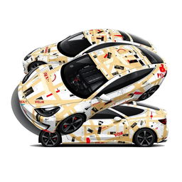 A 2D wrap design concept for a Tesla Model 3 Performance, creatively featuring an intricate masking tape design