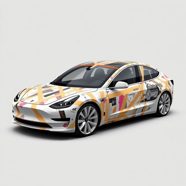 A 2D wrap design concept for a Tesla Model 3 Performance, creatively featuring an intricate masking tape design