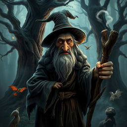 A mystical forest scene featuring a haggard old witch, dressed in tattered robes, surrounded by ancient trees and magical creatures