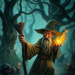 A mystical forest scene featuring a haggard old witch, dressed in tattered robes, surrounded by ancient trees and magical creatures