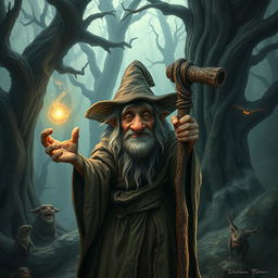 A mystical forest scene featuring a haggard old witch, dressed in tattered robes, surrounded by ancient trees and magical creatures