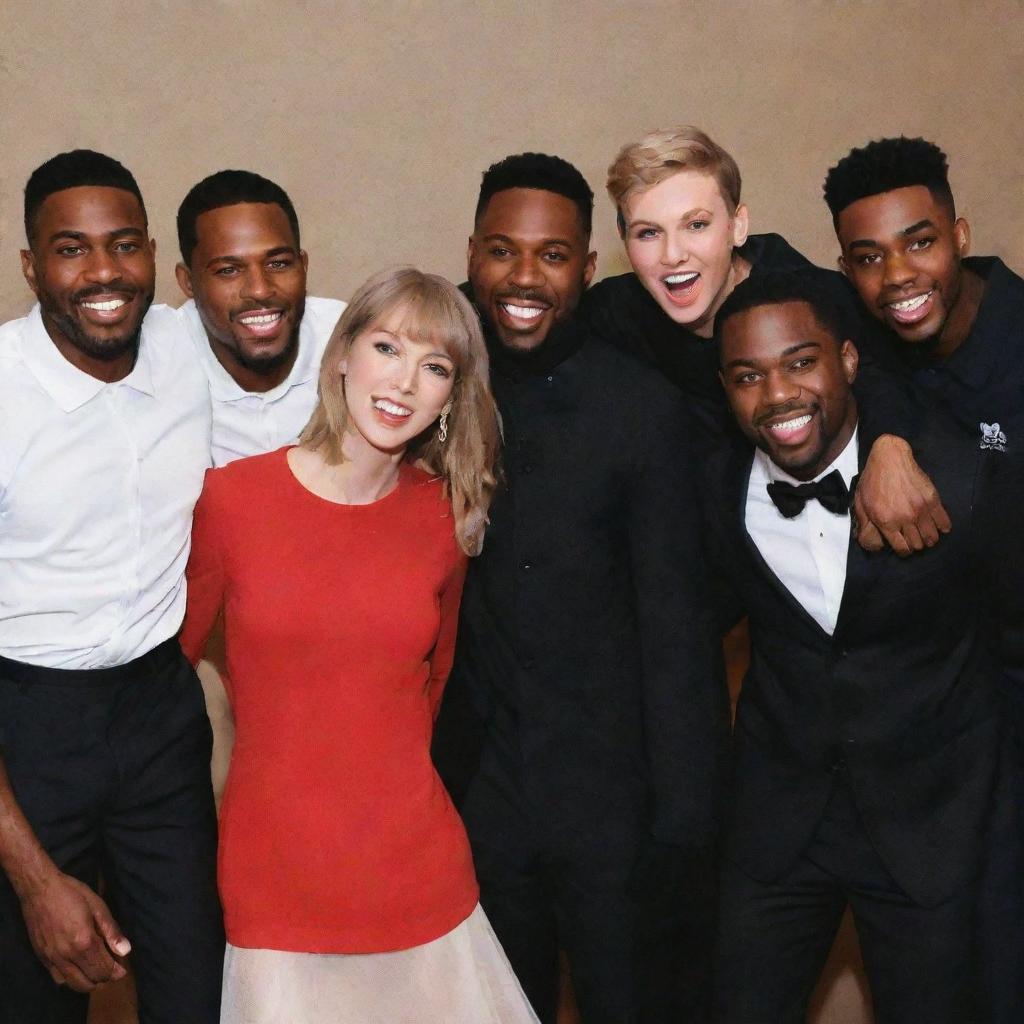 Taylor Swift in a group photo with six black men, all expressing joy and camaraderie.