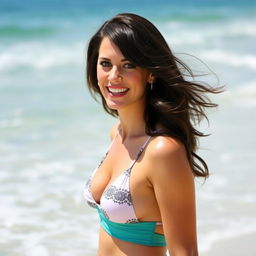 a woman with dark brown hair, reminiscent of the character Monica Geller, wearing a stylish bikini set on a beach backdrop, showcasing a playful and joyful demeanor, ensuring a vibrant color palette, with the ocean waves in the background and bright sunshine lighting up the scene