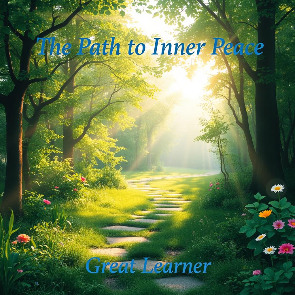 A peaceful and soothing landscape illustrating the spiritual journey to inner peace, featuring a winding path through a lush, green forest