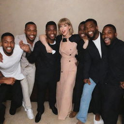 Taylor Swift in a group photo with six black men, all expressing joy and camaraderie.