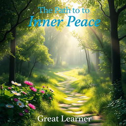 A peaceful and soothing landscape illustrating the spiritual journey to inner peace, featuring a winding path through a lush, green forest