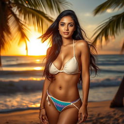 an alluring Indian woman in a fashionable bikini standing on a scenic tropical beach