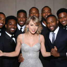 Taylor Swift in a group photo with six black men, all expressing joy and camaraderie.