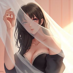 a beautiful anime-style woman, embodying the essence of a classic waifu in an elegant pose, artfully covered by strategically placed elements such as flowing hair or delicate fabric, capturing a playful and mysterious allure