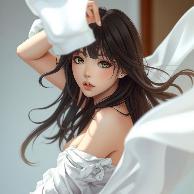 a beautiful anime-style woman, embodying the essence of a classic waifu in an elegant pose, artfully covered by strategically placed elements such as flowing hair or delicate fabric, capturing a playful and mysterious allure