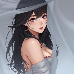 a beautiful anime-style woman, embodying the essence of a classic waifu in an elegant pose, artfully covered by strategically placed elements such as flowing hair or delicate fabric, capturing a playful and mysterious allure