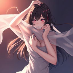 a beautiful anime-style woman, embodying the essence of a classic waifu in an elegant pose, artfully covered by strategically placed elements such as flowing hair or delicate fabric, capturing a playful and mysterious allure