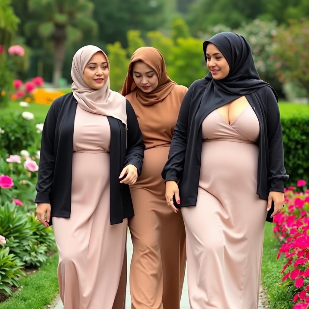 two chubby white ladies with huge breasts, wearing hijabs, confidently showcasing their individuality and style, walking in a beautiful garden