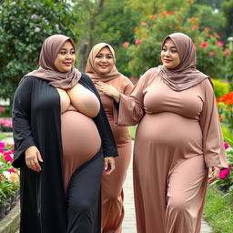 two chubby white ladies with huge breasts, wearing hijabs, confidently showcasing their individuality and style, walking in a beautiful garden