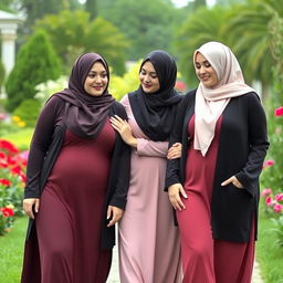 two chubby white ladies with huge breasts, wearing hijabs, confidently showcasing their individuality and style, walking in a beautiful garden