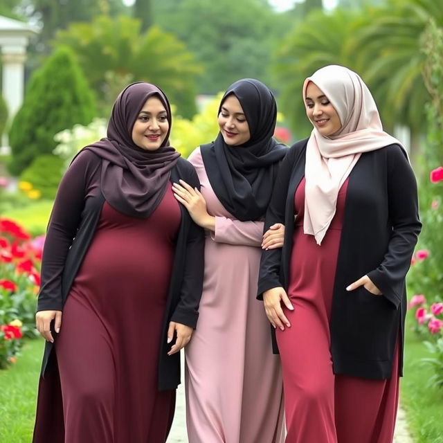 two chubby white ladies with huge breasts, wearing hijabs, confidently showcasing their individuality and style, walking in a beautiful garden