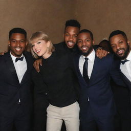 Taylor Swift in a group photo with six black men, all expressing joy and camaraderie.