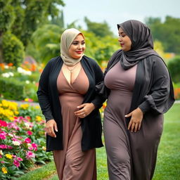 two chubby white ladies with huge breasts, wearing hijabs, confidently showcasing their individuality and style, walking in a beautiful garden