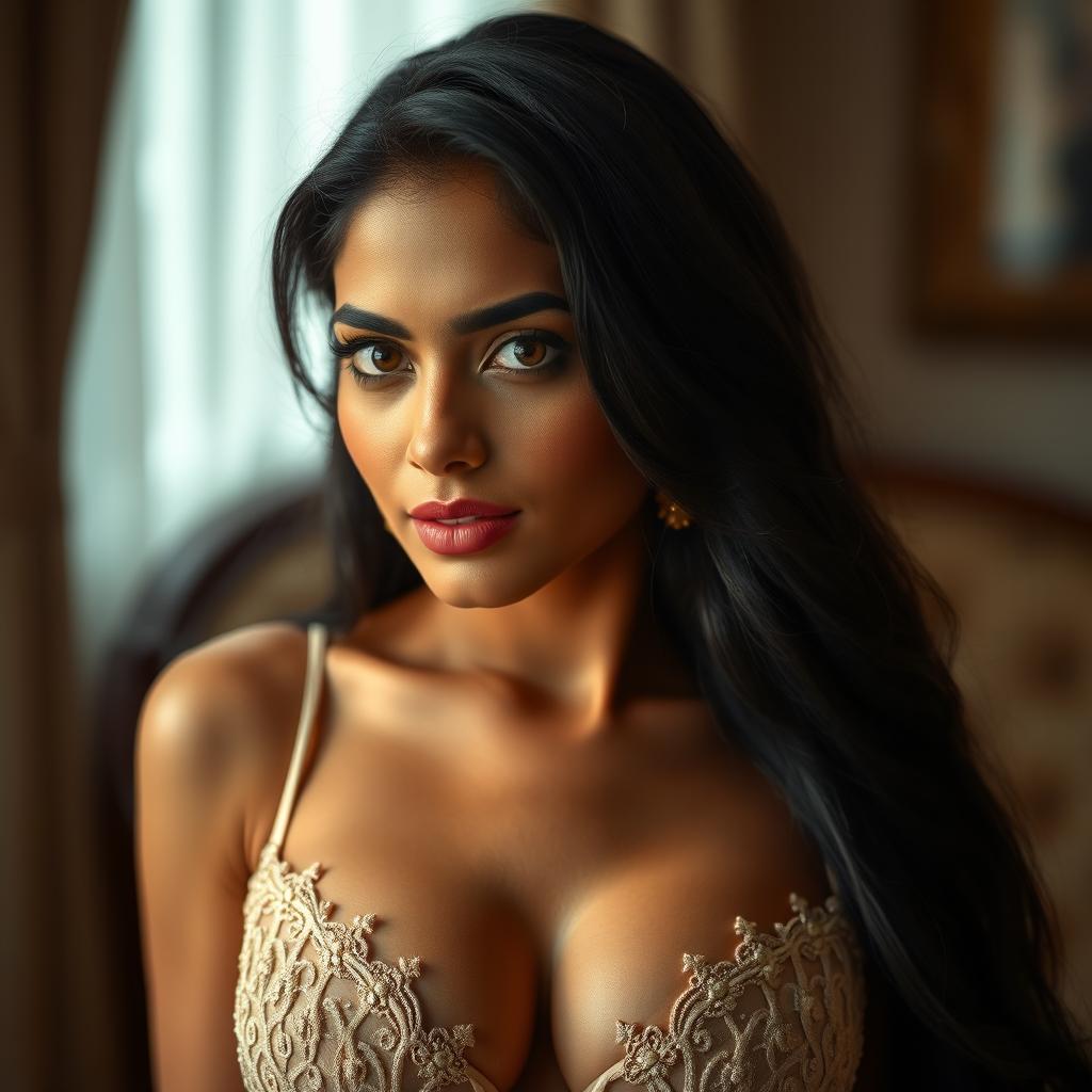 An elegant Indian woman with long black hair, captivating almond-shaped eyes, and a confident pose, dressed in luxurious lingerie that highlights her sophisticated beauty