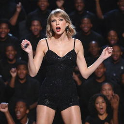 Taylor Swift on stage performing to an energetic audience of 100 black men cheering and enjoying the music.