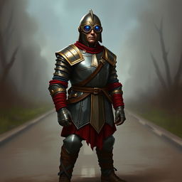 A Dungeons and Dragons-inspired digital art of a medieval soldier standing on a road