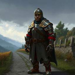 A Dungeons and Dragons-inspired digital art of a medieval soldier standing on a road