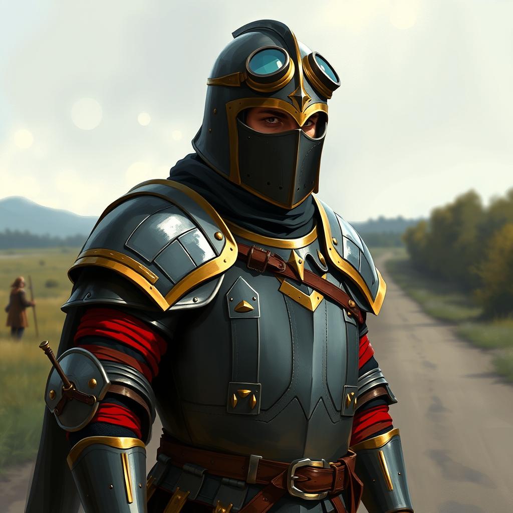 A Dungeons and Dragons-inspired digital art of a medieval soldier standing on a road