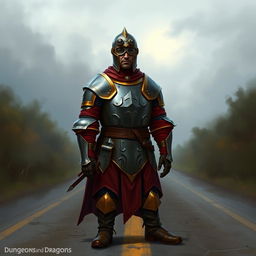 A Dungeons and Dragons-inspired digital art of a medieval soldier standing on a road