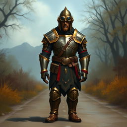 A Dungeons and Dragons-inspired digital art of a tall medieval soldier standing on a road