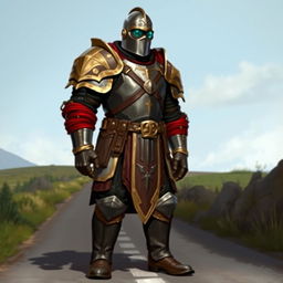 A Dungeons and Dragons-inspired digital art of a tall medieval soldier standing on a road