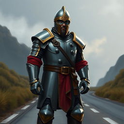 A Dungeons and Dragons-inspired digital art of a tall medieval soldier standing on a road