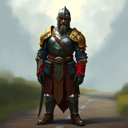 A Dungeons and Dragons-inspired digital art of a tall medieval soldier standing on a road