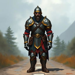 A Dungeons and Dragons-inspired digital art of a tall human medieval soldier standing on a road