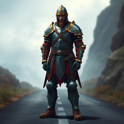 A Dungeons and Dragons-inspired digital art of a tall human medieval soldier standing on a road