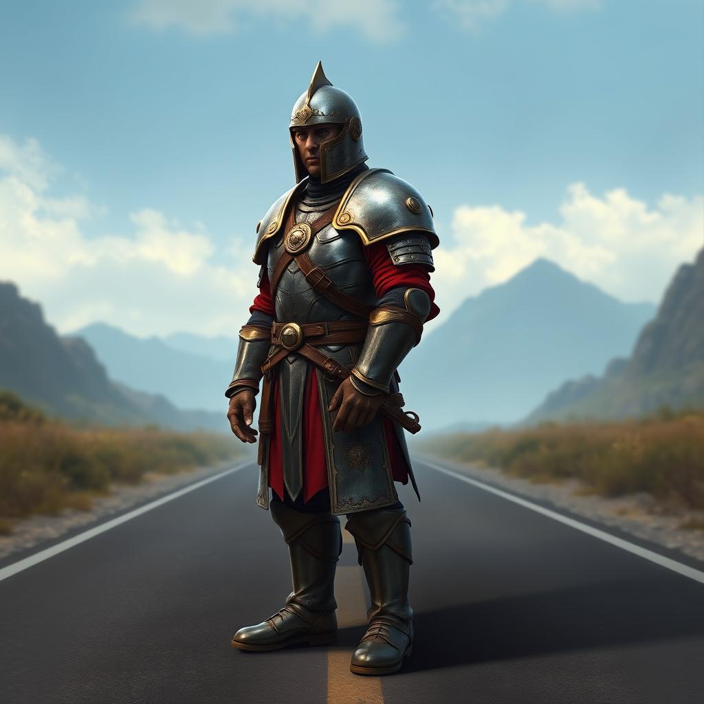 A Dungeons and Dragons-inspired digital art of a tall human medieval soldier standing on a road