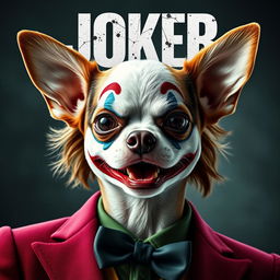 A creatively edited movie poster for "Joker" with a twist: the iconic face of the Joker is replaced by the adorable and quirky face of a chihuahua