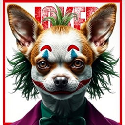 A creatively edited movie poster for "Joker" with a twist: the iconic face of the Joker is replaced by the adorable and quirky face of a chihuahua