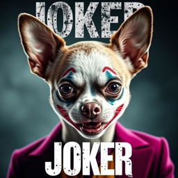 A creatively edited movie poster for "Joker" with a twist: the iconic face of the Joker is replaced by the adorable and quirky face of a chihuahua