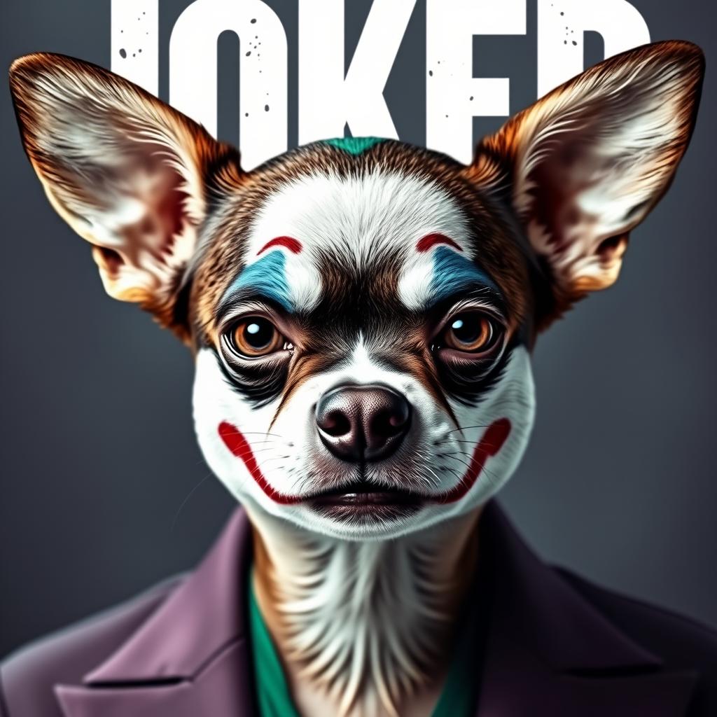 A creatively edited movie poster for "Joker" with a twist: the iconic face of the Joker is replaced by the adorable and quirky face of a chihuahua