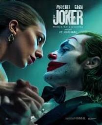 A movie poster for a Joker theme, featuring a man in clown makeup, formally dressed with a bow tie, looking upwards