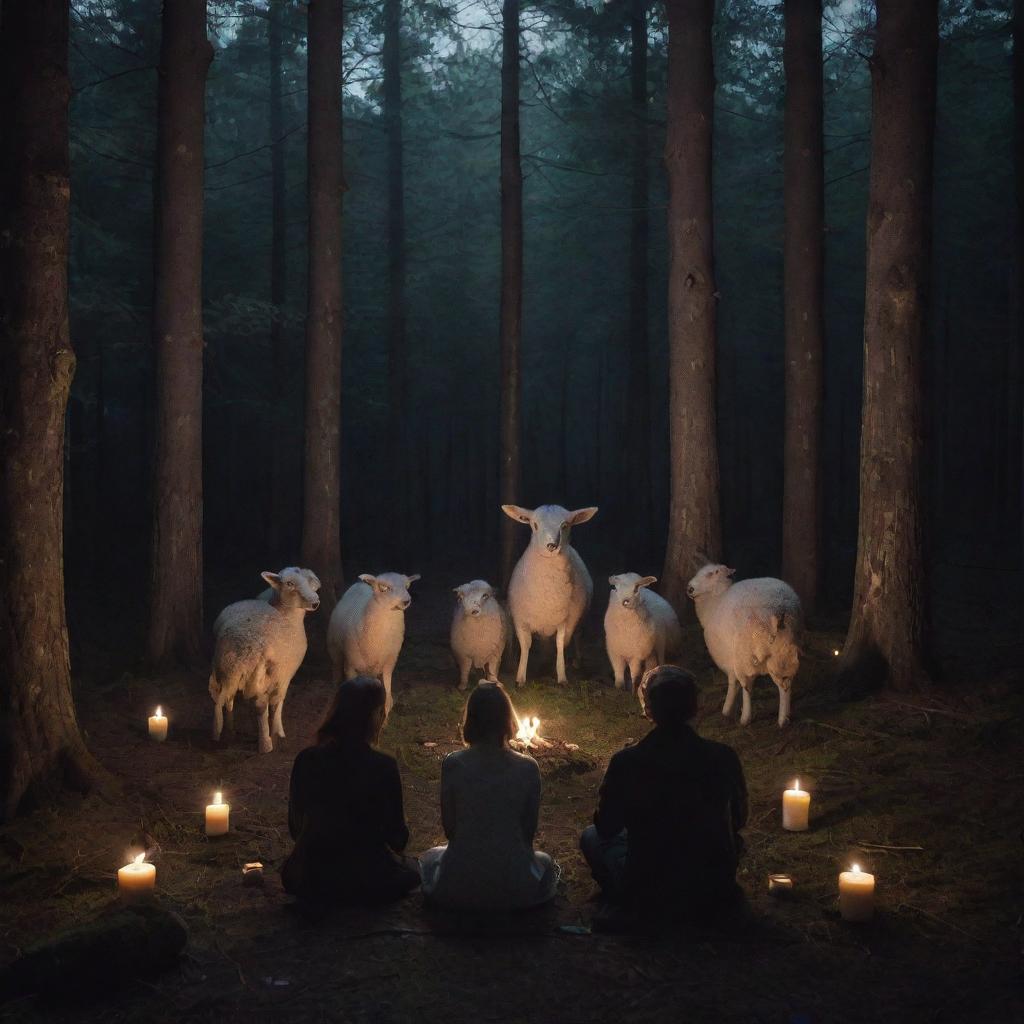 A mystic cult meeting in a secluded forest, with a lamb sitting in the center, surrounded by atmospheric lighting from flickering candles and the starlit night