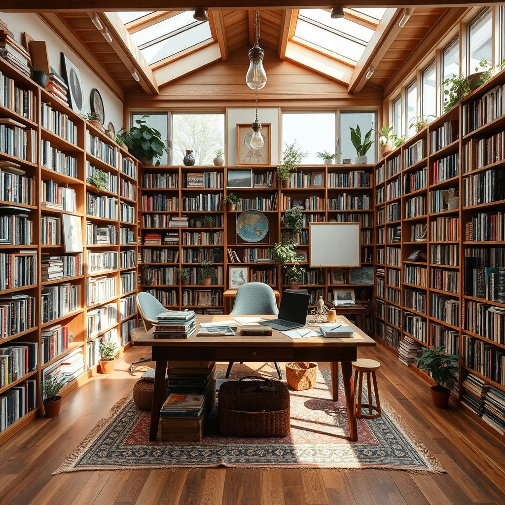 A bohemian style studio featuring a large, central wooden desk surrounded by an extensive library with tall shelves filled with colorful books