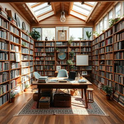 A bohemian style studio featuring a large, central wooden desk surrounded by an extensive library with tall shelves filled with colorful books