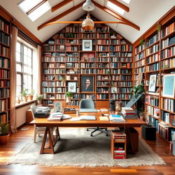 A bohemian style studio featuring a large, central wooden desk surrounded by an extensive library with tall shelves filled with colorful books