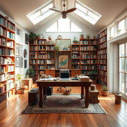 A bohemian style studio featuring a large, central wooden desk surrounded by an extensive library with tall shelves filled with colorful books