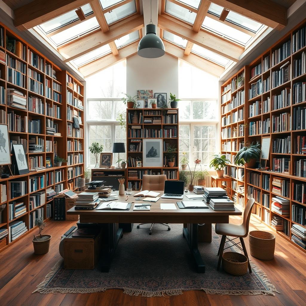 A bohemian style studio featuring a large, central wooden desk surrounded by an extensive library with tall shelves filled with colorful books