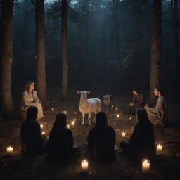 A mystic cult meeting in a secluded forest, with a lamb sitting in the center, surrounded by atmospheric lighting from flickering candles and the starlit night